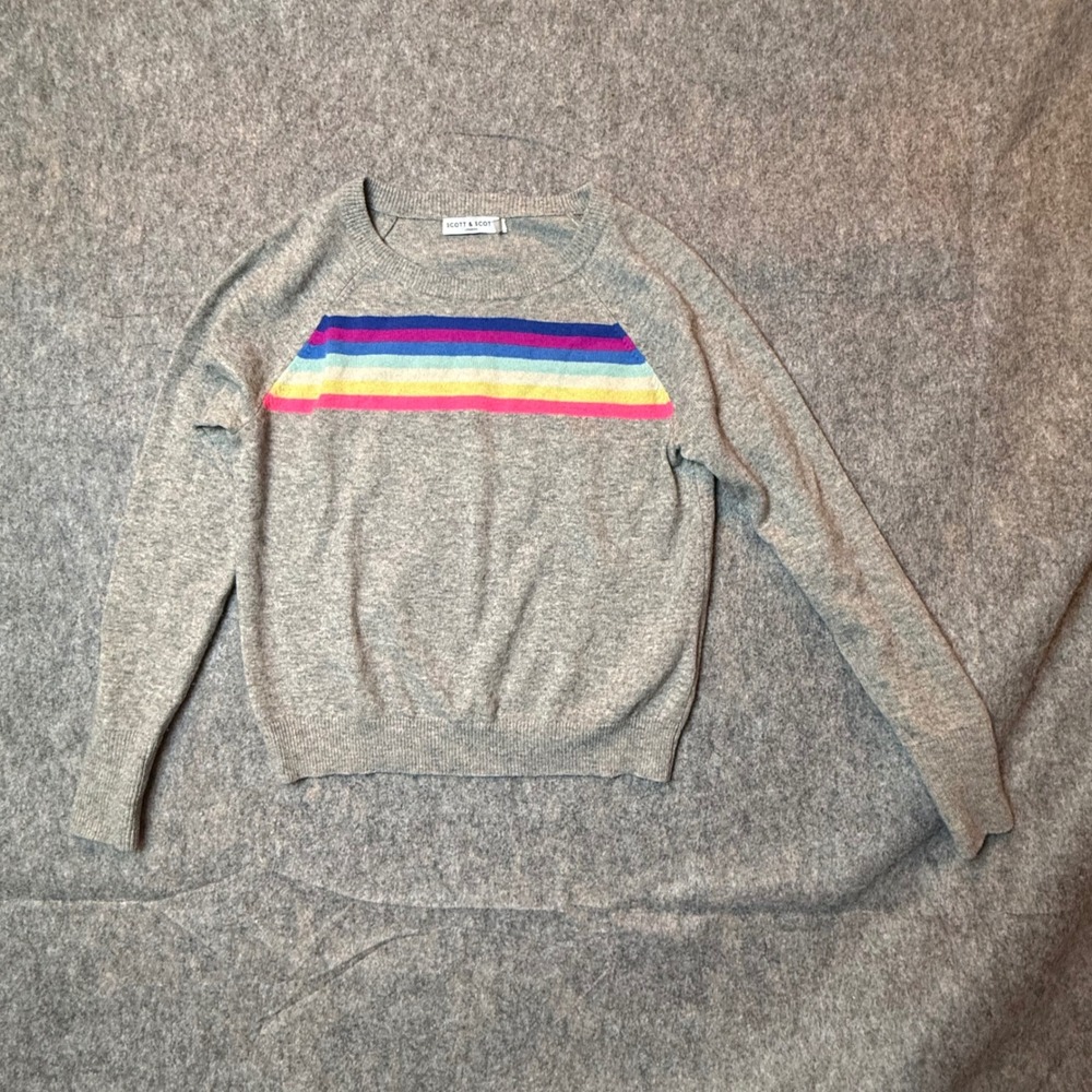 Scott & Scott London Rainbow Stripe Cashmere Sweater Womens M Gray Raglan Luxe